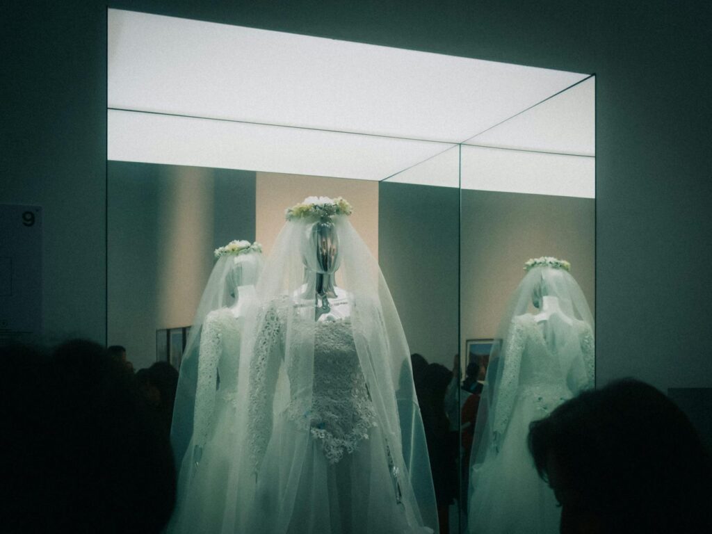 A beautiful wedding dress displayed on a mannequin, showcasing popular styles for Las Vegas weddings. — casino wedding d…