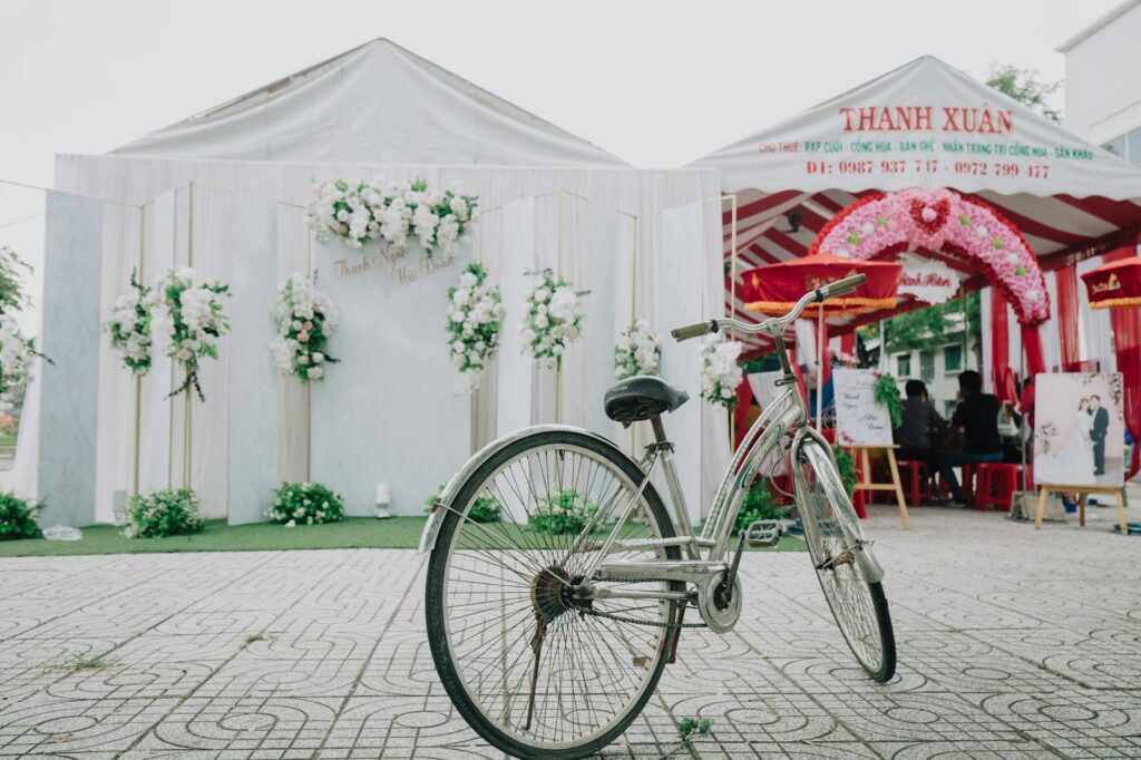 A beautifully decorated DIY photo booth setup at a wedding reception. — affordable wedding entertainment Las Vegas