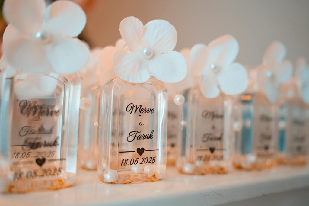 A close-up of personalized wedding favors with custom labels. — DIY casino wedding favors