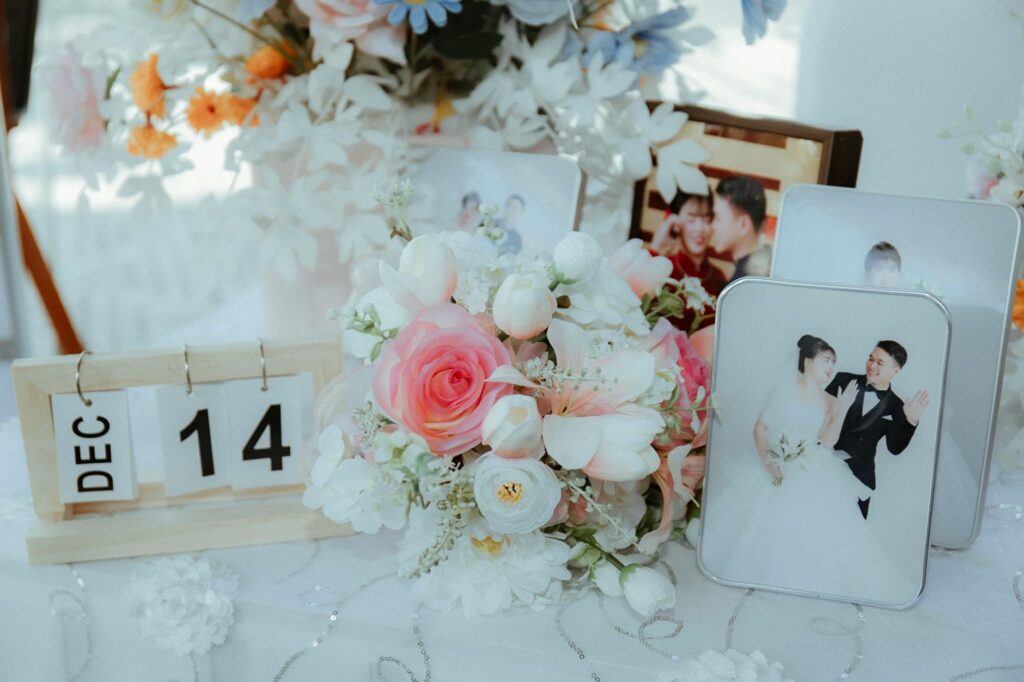 A couple looking at a wedding date calendar, smiling and discussing options. — casino wedding date tips