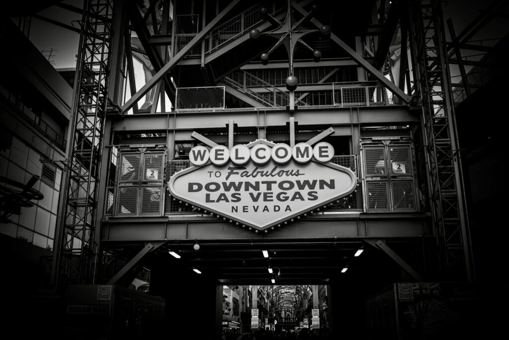 A creative shot of a bride and groom in front of a famous Las Vegas landmark. — wedding photographers Las Vegas