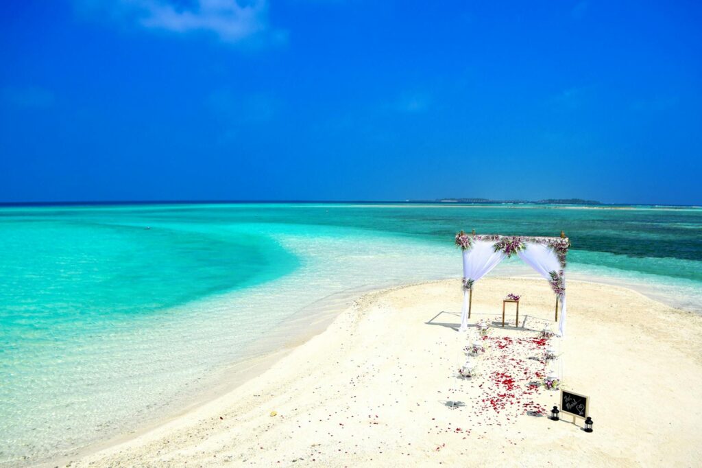 A picturesque view of Mandalay Bay Beach set up for a wedding ceremony. — beach wedding venues Las Vegas