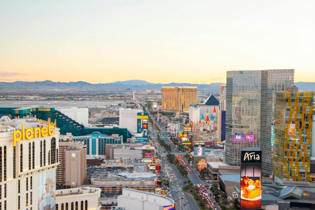 A romantic sunset view over Las Vegas Strip perfect for elopements. — Las Vegas elopement guide