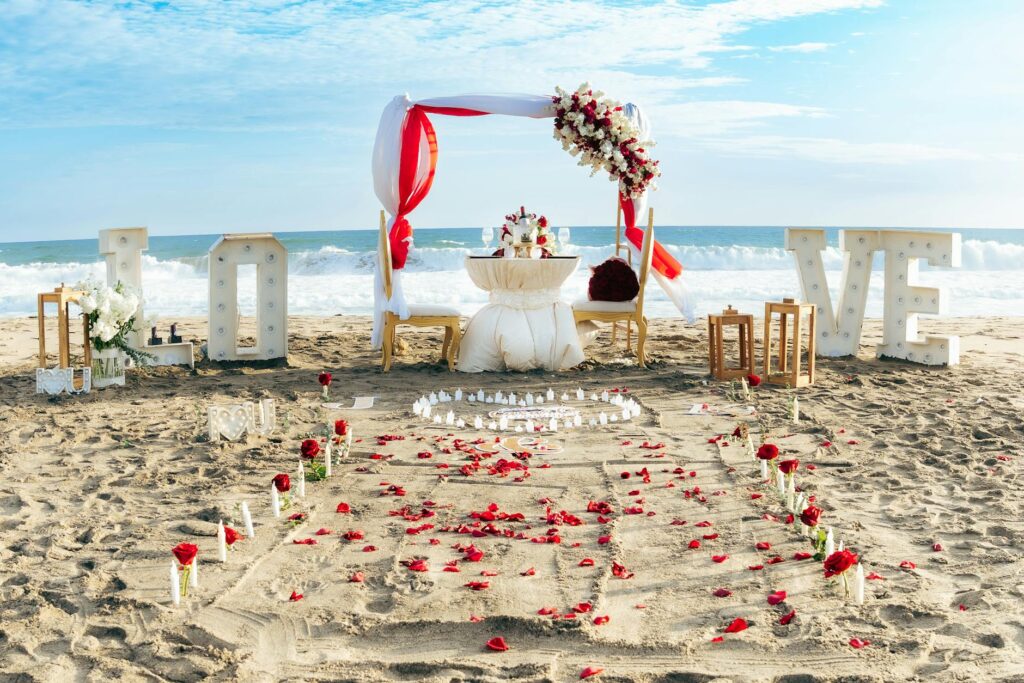 A stunning beach wedding setup on a Las Vegas beach with local decor elements. — Las Vegas beach wedding culture