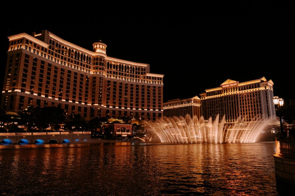 A stunning view of the Bellagio fountains during a wedding ceremony. — Las Vegas wedding venues