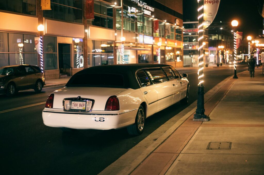 A stylish limousine waiting outside a Las Vegas wedding venue, symbolizing affordable luxury. — affordable wedding trans…
