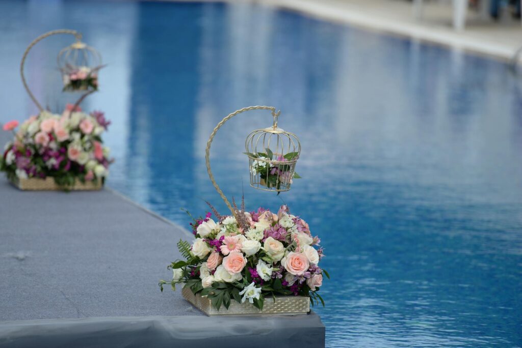 A vibrant summer poolside wedding with colorful decorations. — Las Vegas wedding trends 2026