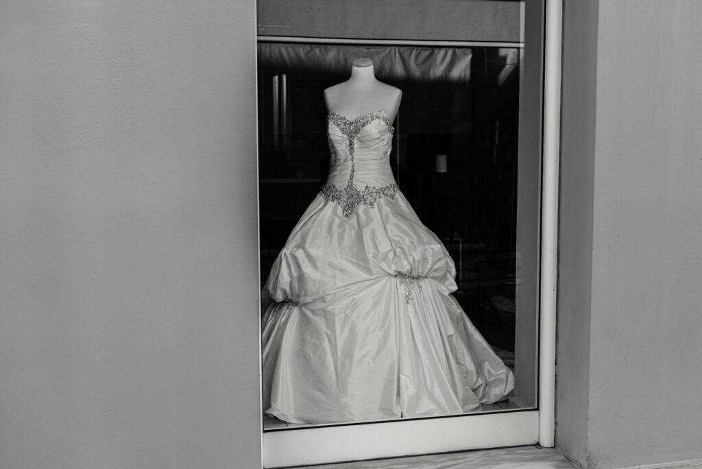 An affordable wedding dress displayed in a boutique in Las Vegas. — Las Vegas wedding budgeting