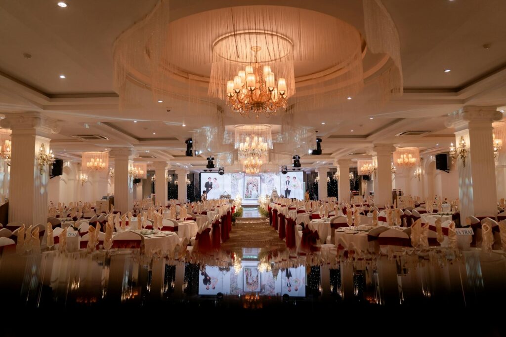 Elegant ballroom setup at The Venetian for a wedding reception. — Las Vegas wedding venues