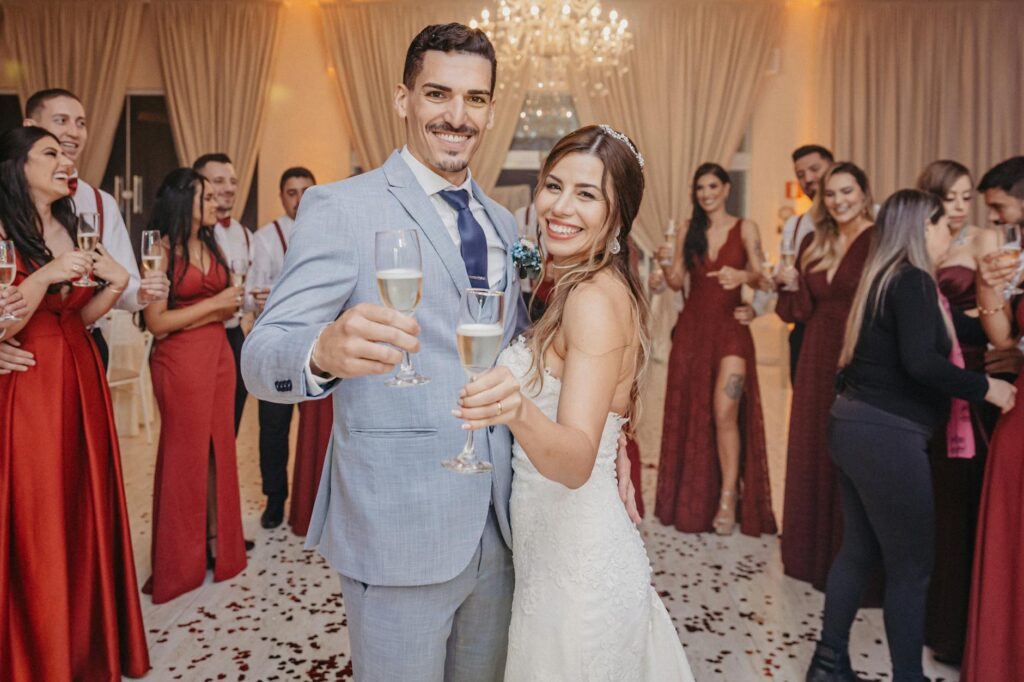 Guests celebrating a Las Vegas wedding with champagne and confetti. — casino wedding traditions Las Vegas