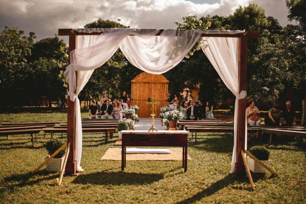 A beautifully arranged wedding ceremony setup in Las Vegas with guests seated. — Las Vegas wedding timeline