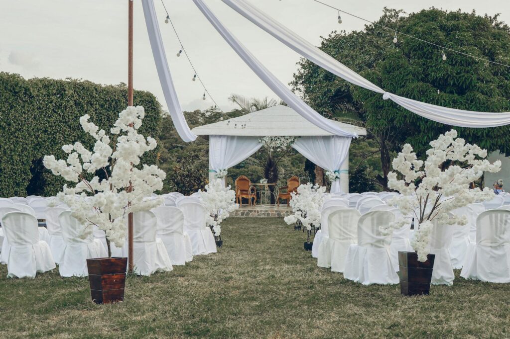 A bohemian-themed wedding setup with natural decorations and a relaxed atmosphere in a scenic outdoor location. — themed…