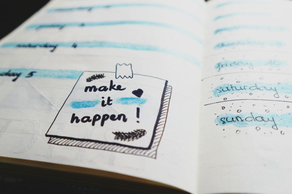 A close-up of a wedding planner's notebook filled with notes and sketches. — questions for wedding planner Las Vegas