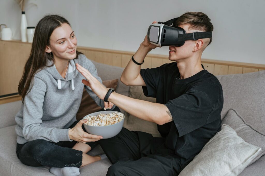 A couple enjoying a tech-driven wedding experience with virtual elements. — Las Vegas wedding trends 2026