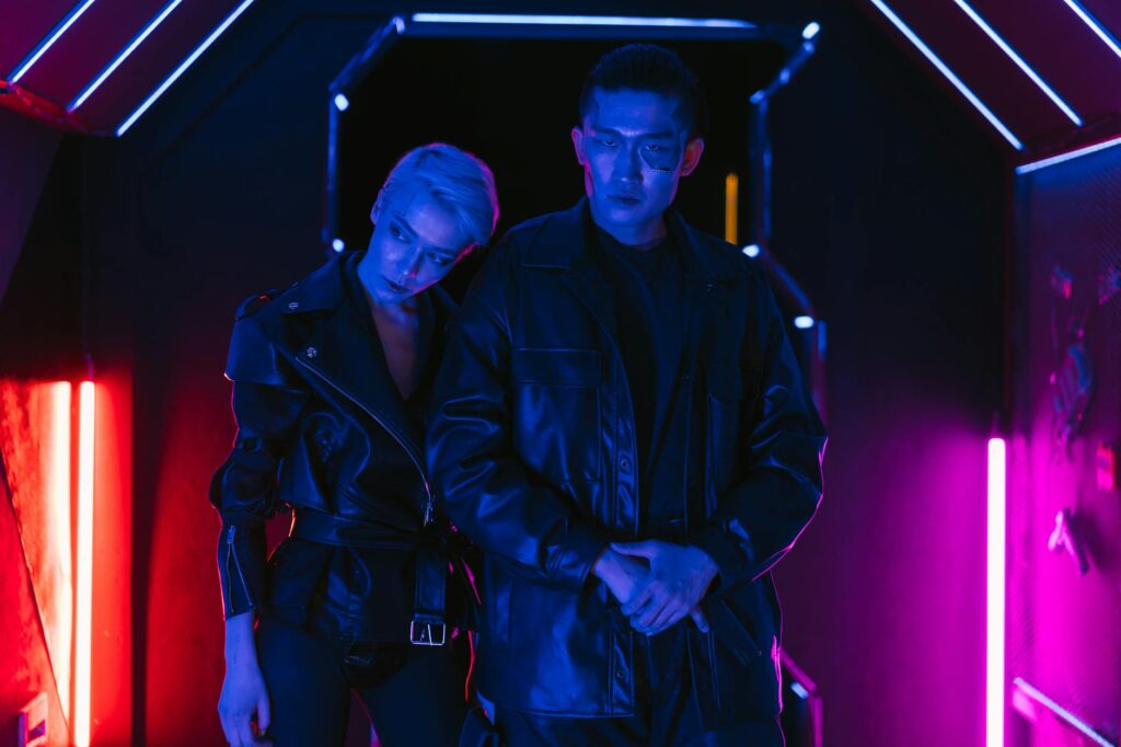 A futuristic sci-fi wedding with neon lights, metallic decor, and guests in themed attire. — themed weddings Las Vegas