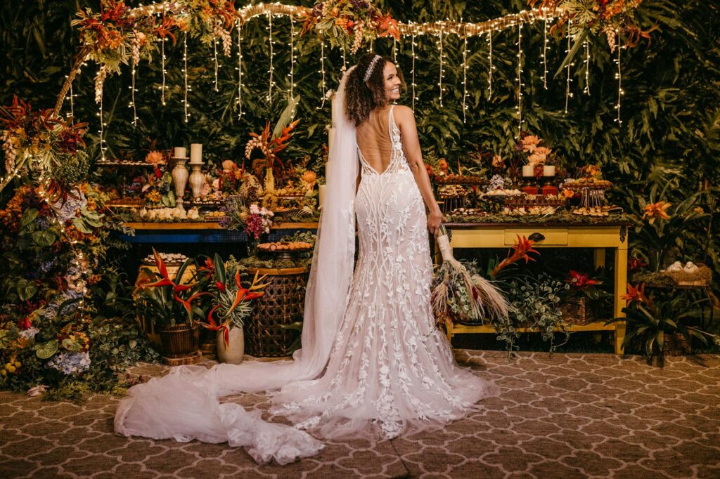 A magical enchanted forest wedding with lush greenery and fairy lights, showcasing unique wedding themes Las Vegas.