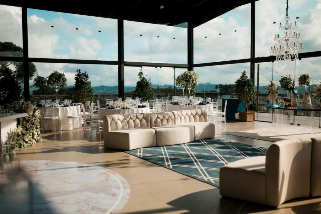 A modern chic wedding reception with sleek furniture and contemporary décor. — unique wedding themes Las Vegas