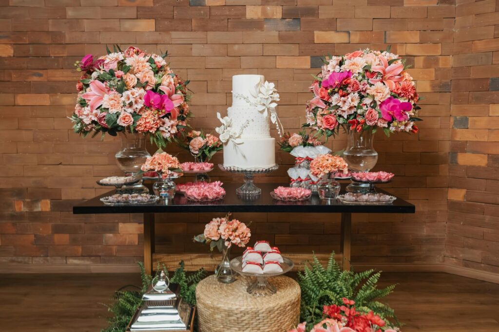 A romantic setup of an elopement package including flowers and a cake — Las Vegas elopement packages