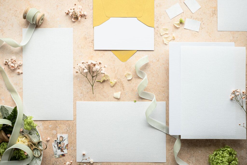 A stunning DIY wedding invitation displayed on a table with flowers — Las Vegas wedding planning tips