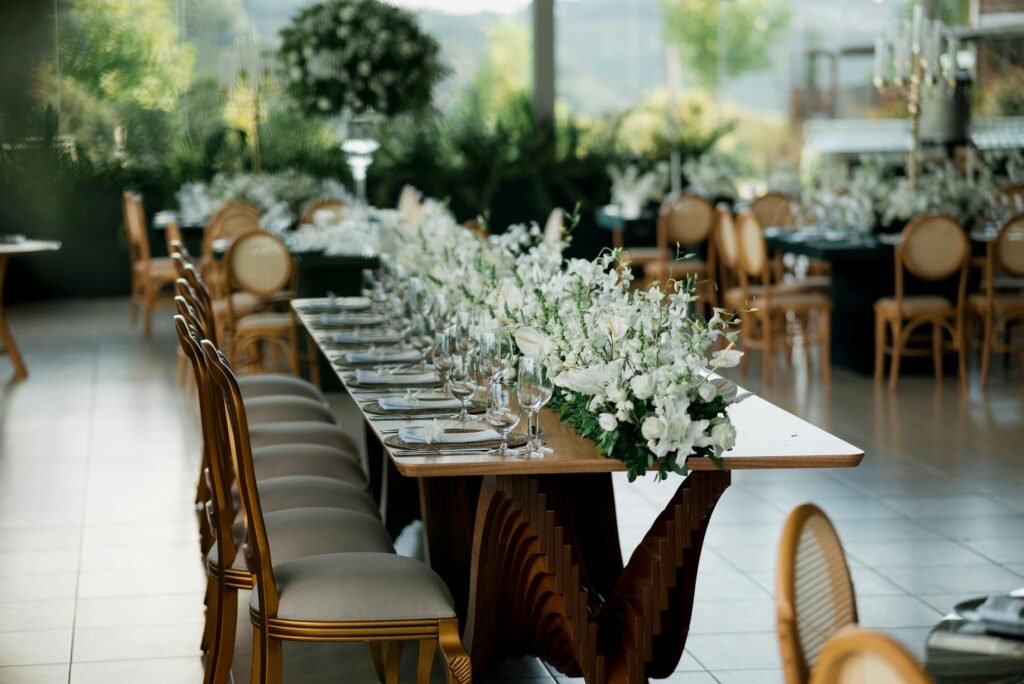 A table set up for a wedding reception showcasing elegant decor. — best wedding package Las Vegas