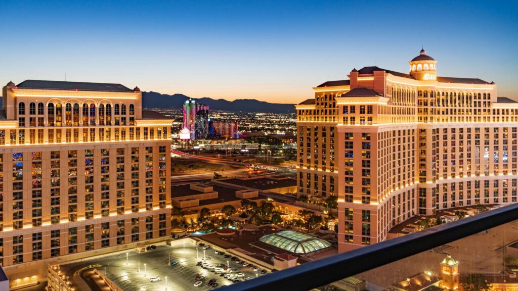 A vibrant reception setup in a luxurious Las Vegas hotel, highlighting the glamour of destination weddings Las Vegas.
