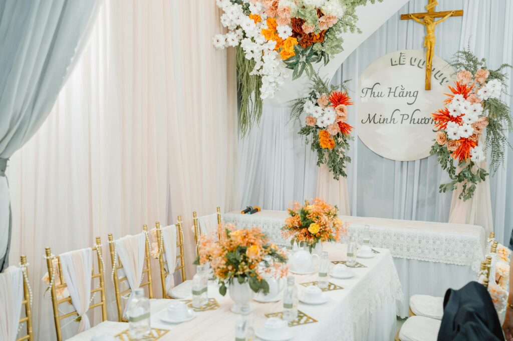 A vibrant wedding setup at a spring venue in Las Vegas, showcasing flowers and decorations. — best time to get married L…