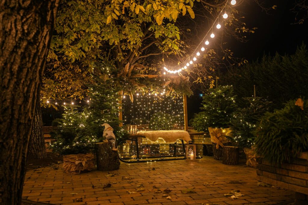 A winter wedding scene featuring twinkling lights and cozy decor. — best time to get married Las Vegas