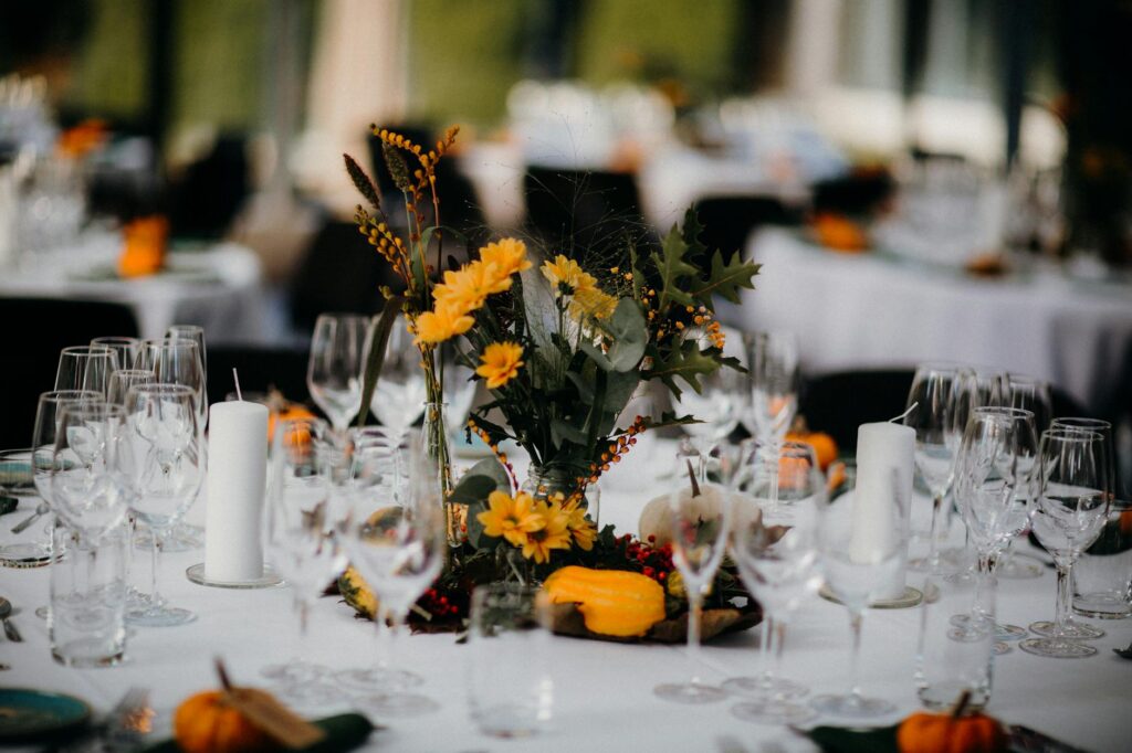 An autumn-themed wedding reception featuring fall colors and seasonal decorations. — best time for Las Vegas wedding
