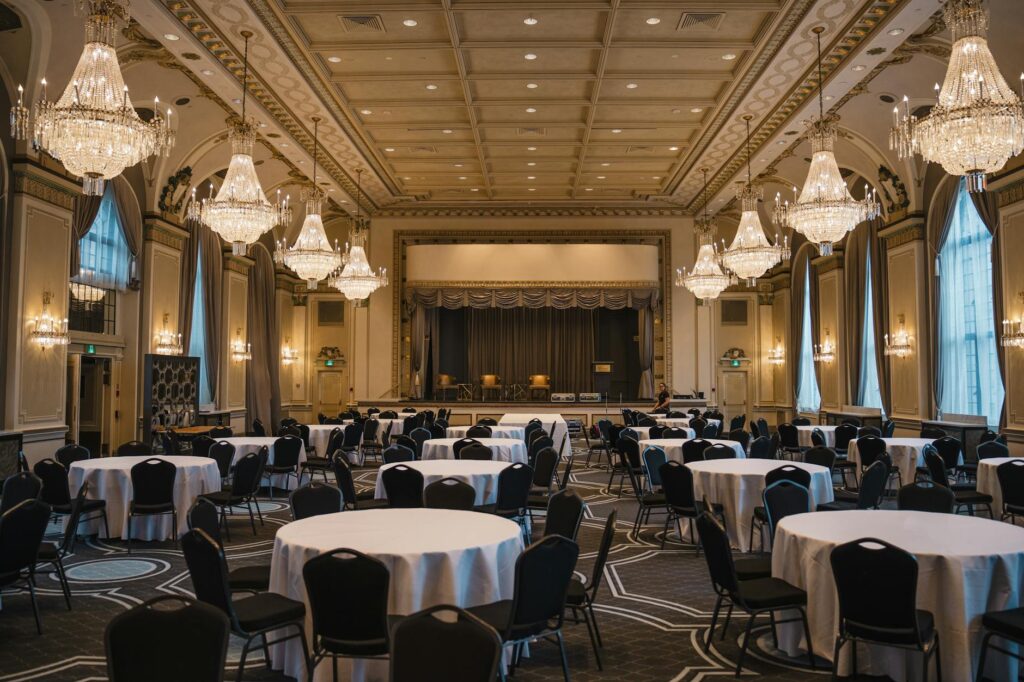 An elegant ballroom inside a popular Las Vegas hotel, ready for a wedding reception. — Las Vegas wedding venues