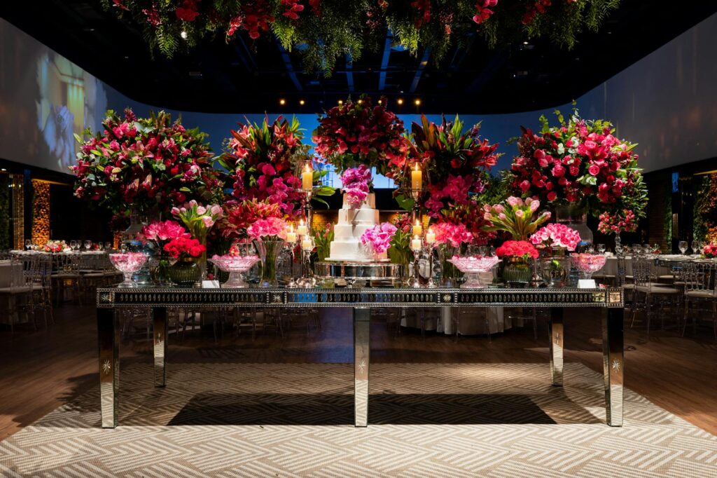 An elegant wedding reception setup showcasing bold and bright color palettes. — Las Vegas wedding trends
