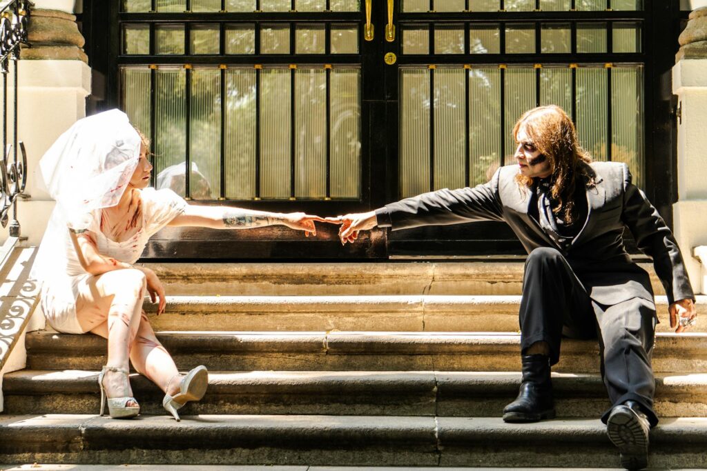 Couple dressed in Elvis costumes at an Elvis-themed wedding chapel. — themed weddings Las Vegas