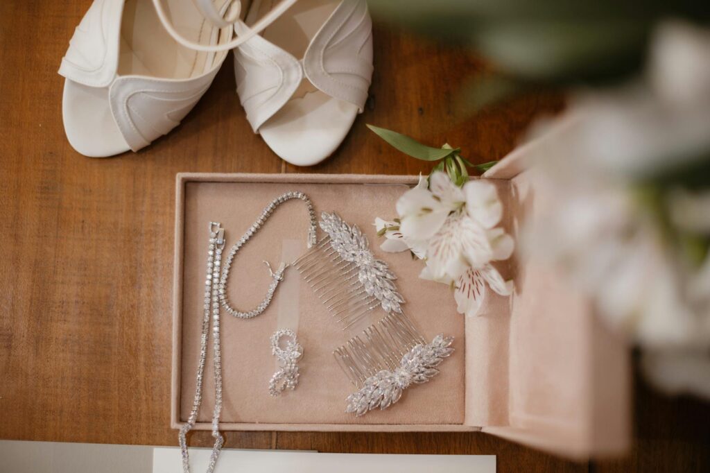 a styled flat lay of wedding details with Las Vegas-themed elements — best wedding photographers Las Vegas