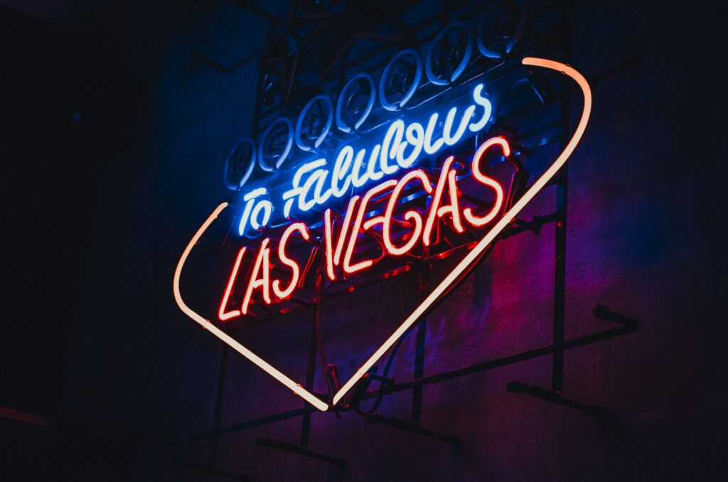 A beautifully decorated wedding chapel with vibrant Las Vegas lights. — Las Vegas wedding traditions