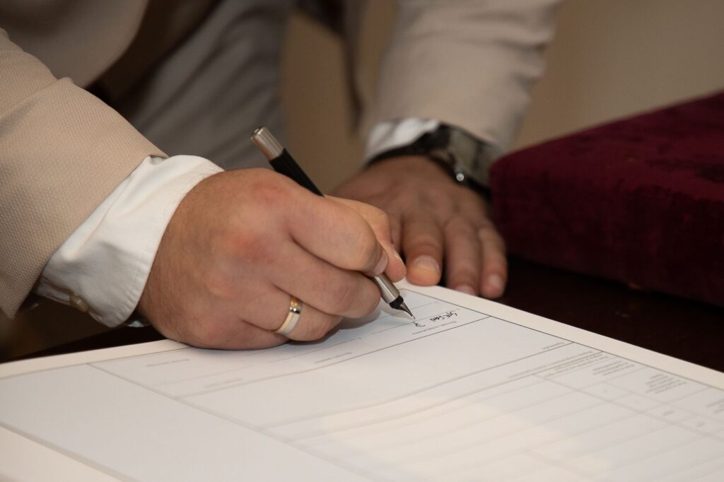 A close-up of a completed Las Vegas marriage license document.