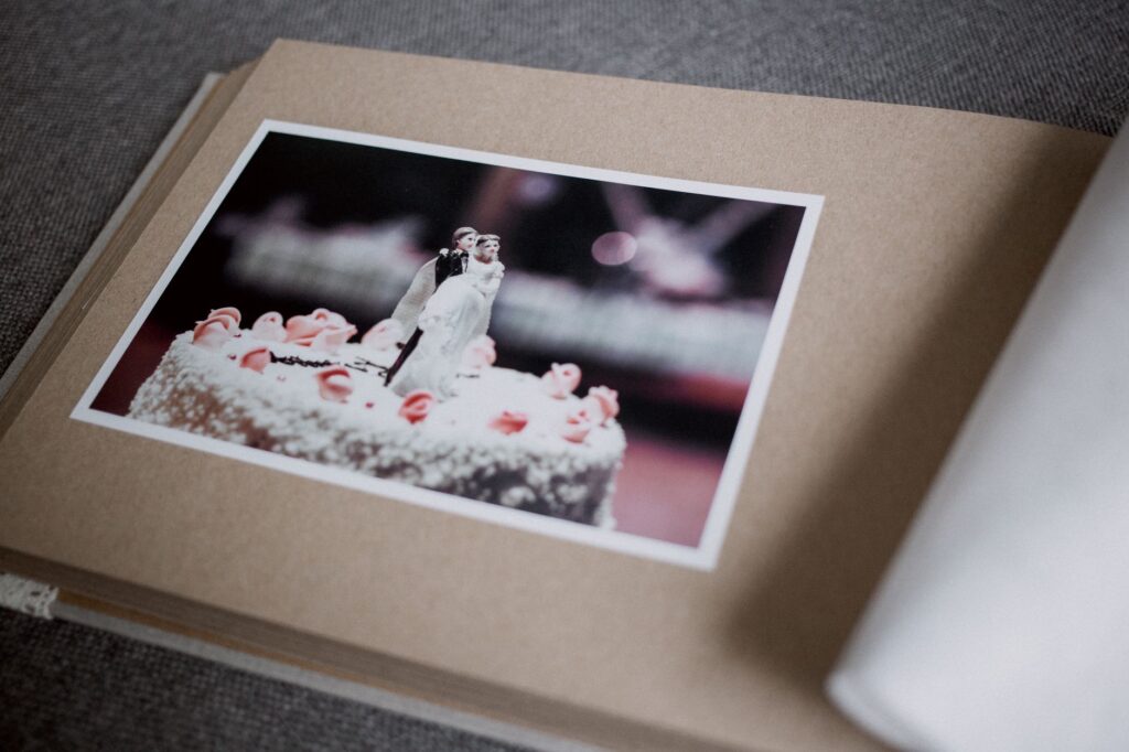 A close-up of a wedding album showcasing beautifully captured moments. — wedding photographers Las Vegas