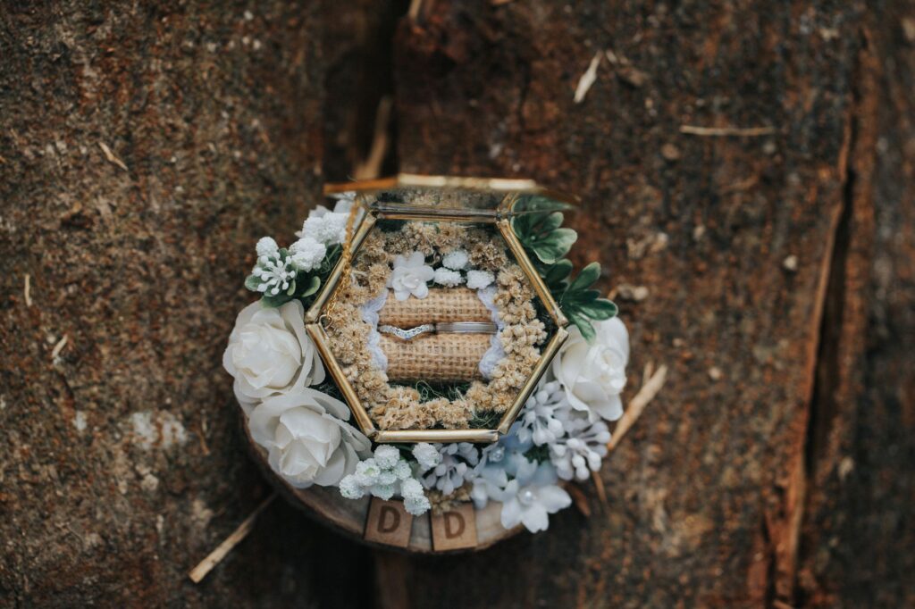 A close-up shot of wedding details, such as rings and flowers, taken by a top photographer. — wedding photographers Las …