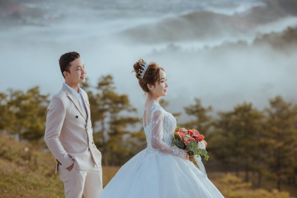 A couple celebrating their wedding at a budget-friendly venue with a scenic backdrop. — affordable wedding venues Las Vegas