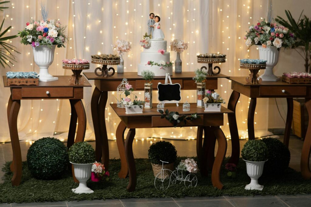 A couple enjoying a budget-friendly wedding reception with a buffet setup. — save money Las Vegas wedding