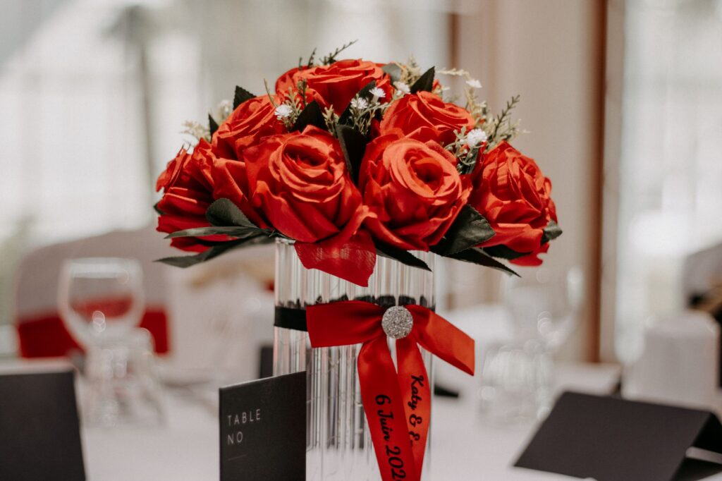 A decorated wedding reception table with a Vegas theme. — international las vegas wedding