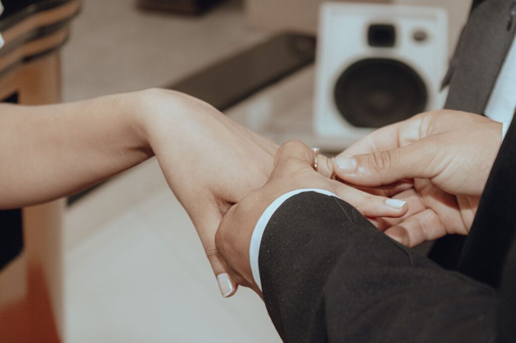A romantic scene of a couple exchanging vows inside a Las Vegas wedding chapel.