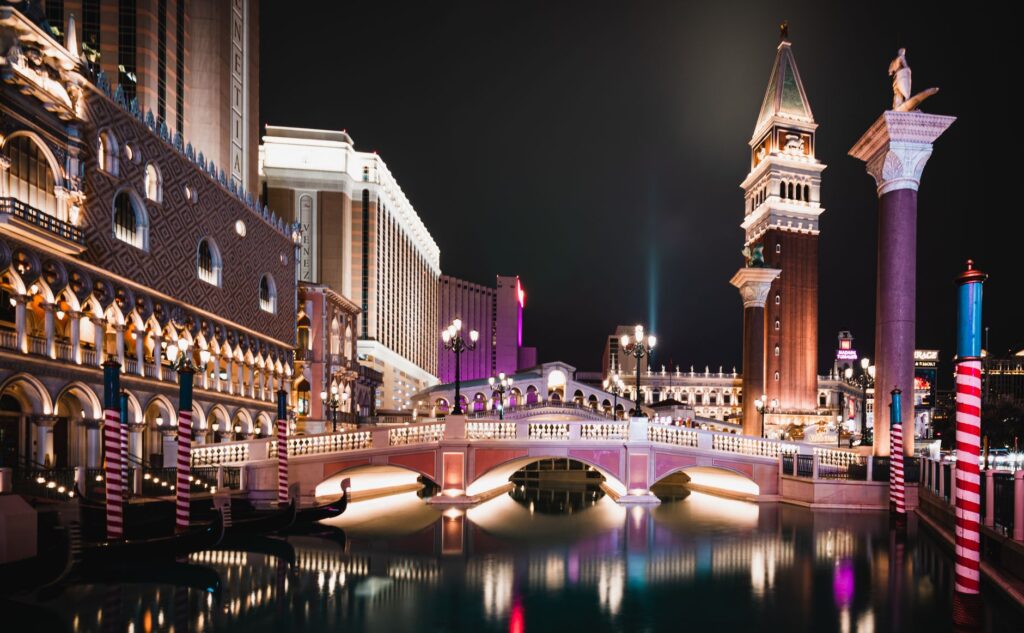 A stunning view of a wedding reception on the Las Vegas Strip at night. — personalize Las Vegas wedding