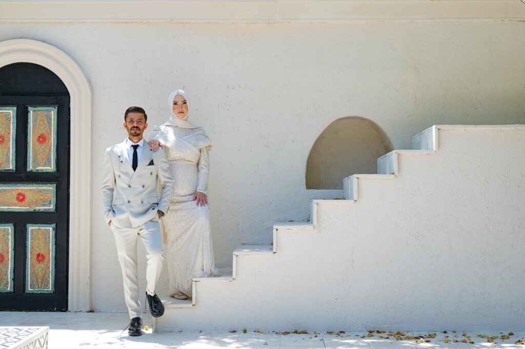 A stylish couple in non-traditional wedding attire, capturing the latest fashion trends in Las Vegas wedding trends 2026.