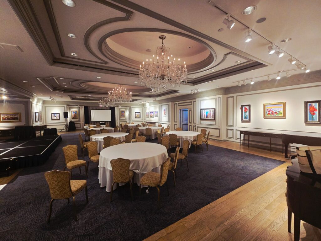 A wedding reception setup in a luxurious Las Vegas hotel ballroom. — Las Vegas destination wedding
