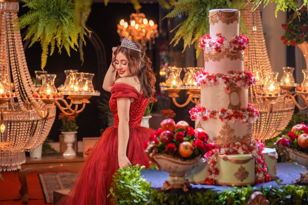 A whimsical fairy tale wedding scene featuring twinkling lights, a stunning cake, and enchanting decor. — Las Vegas wedd…