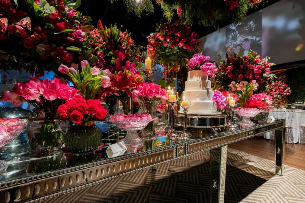 An elegant wedding reception table adorned with flowers and decor. — affordable wedding packages Las Vegas