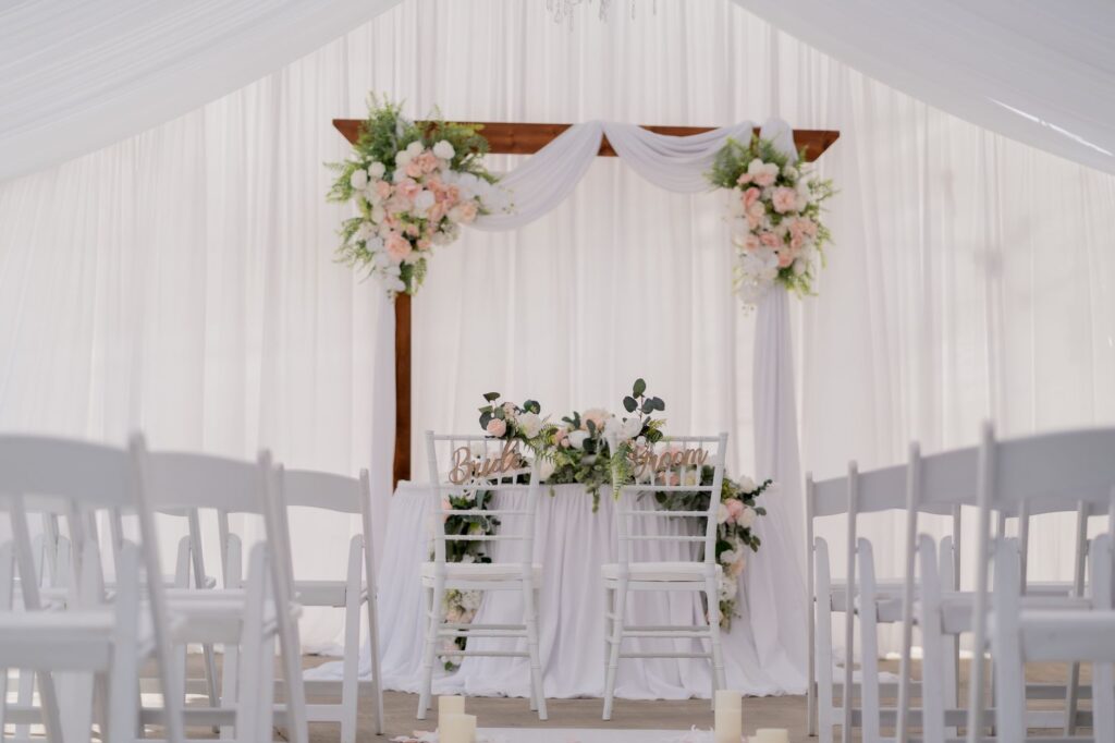 An intimate setting at The Little White Wedding Chapel, adorned with flowers. — Las Vegas wedding venues