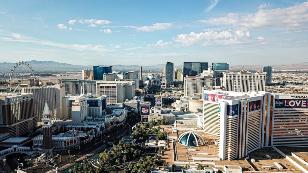 A beautiful Las Vegas hotel with a wedding setup in the foreground. — las vegas wedding hotel blocks