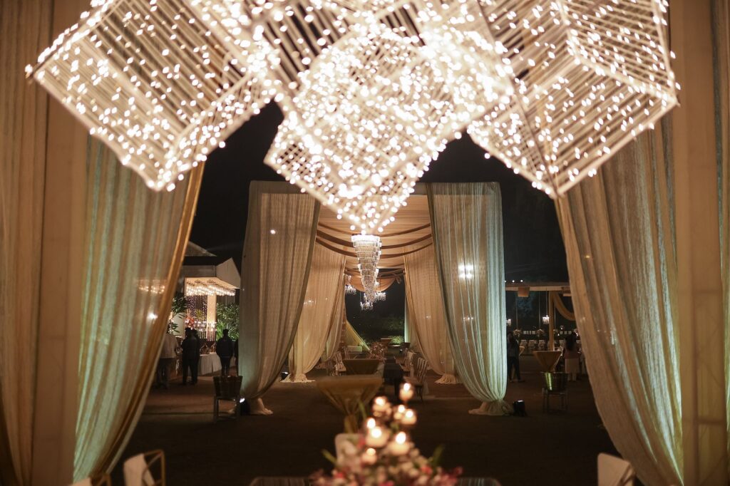 A cozy winter wedding venue decorated with twinkling lights and festive elements. — best time for Vegas wedding