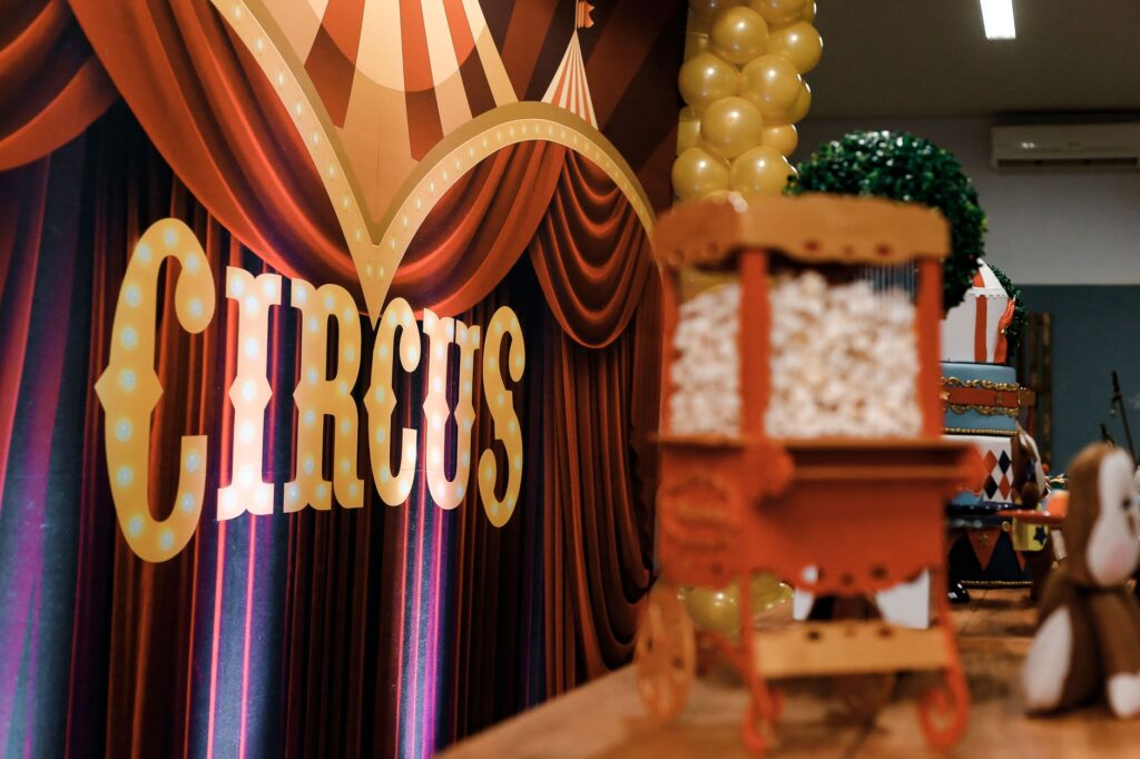 A fun circus-themed wedding setup with colorful decorations and entertainment. — themed weddings Las Vegas