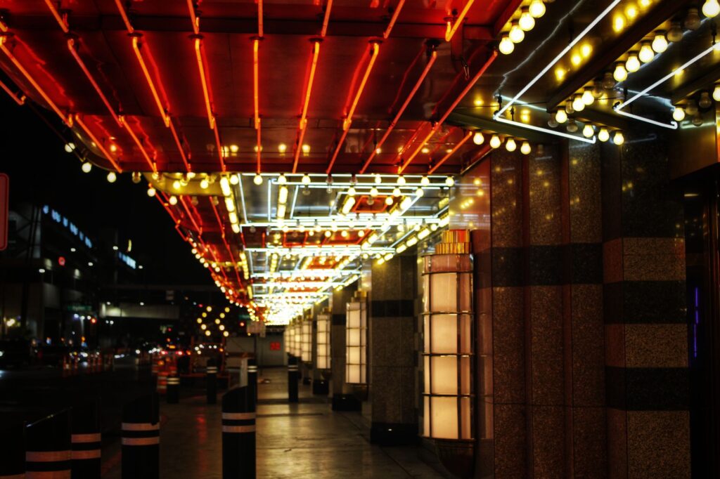 A winter wedding scene with lights and decorations on the Las Vegas Strip. — best time to get married Las Vegas
